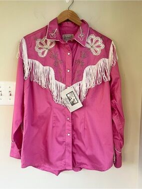 NWT Tru-West Rockmount Ranch Wear Vintage Western Fringe Snap Shirt, Pink, XL